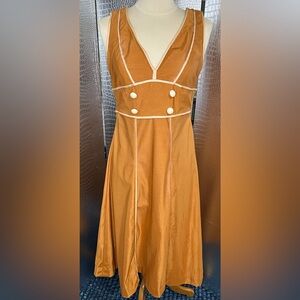 Adorable Tan Women's Sleeveless Swing Dress Costume with White Accents